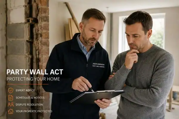 Party wall surveyor Petersfield discussing extension plans with homeowner outside a UK semi-detached house.